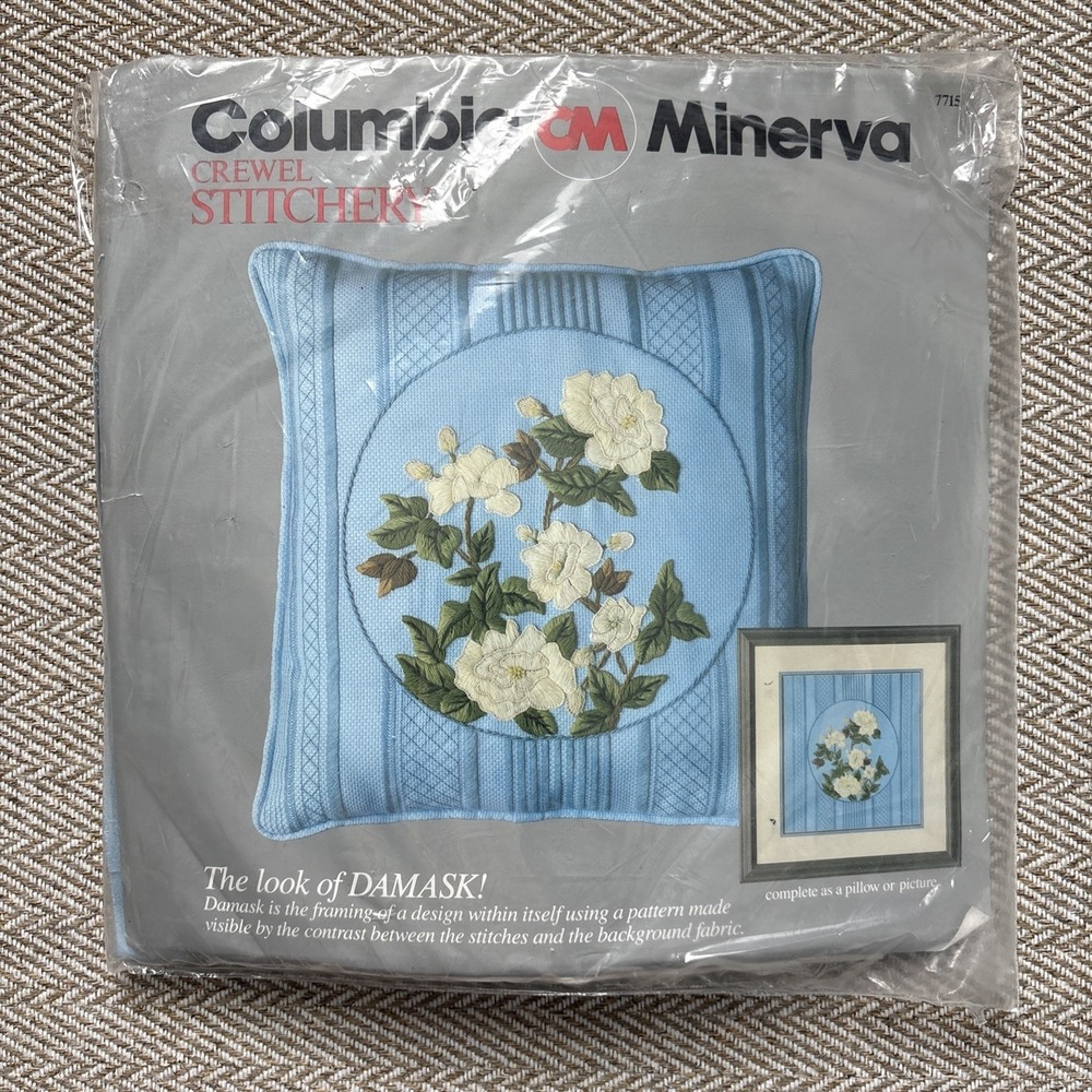 Columbia Minerva Crewel Embroidery Blue Brocade Pillow Kit Leaves Scrolls 1977